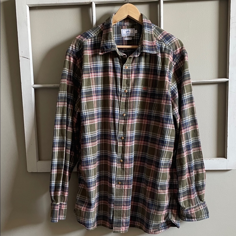 Southern Tide Olive, Navy & Cream Plaid Button-Down Shirt